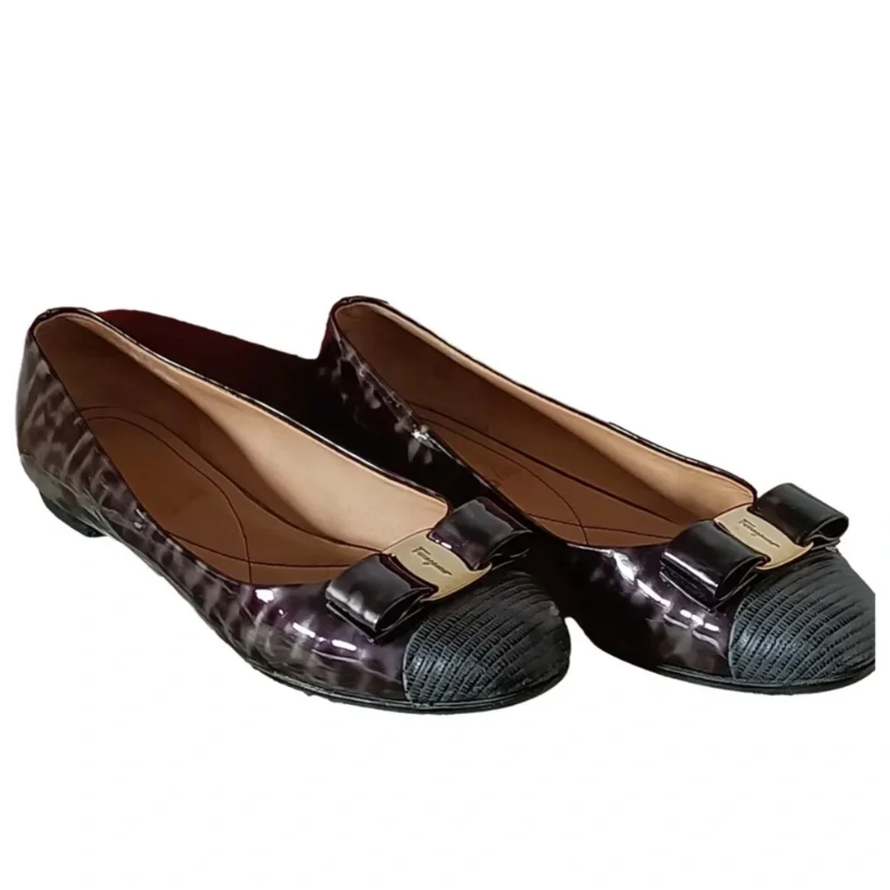 FERRAGAMO Tortoise/Animal Patent & Lizard Embossed cap Ballerina Flat sz… - Picture 2 of 14